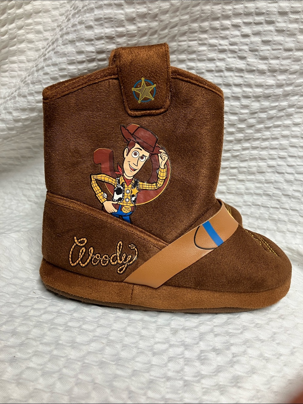 Disney Woody Brown Kids' Slipper Boot with Tan Strap and Blue Accent